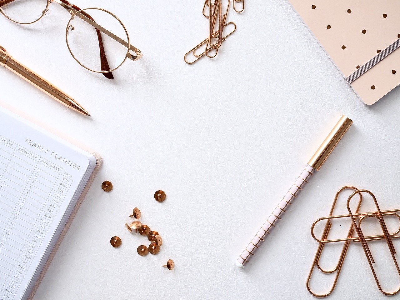 desktop, white, flatlay