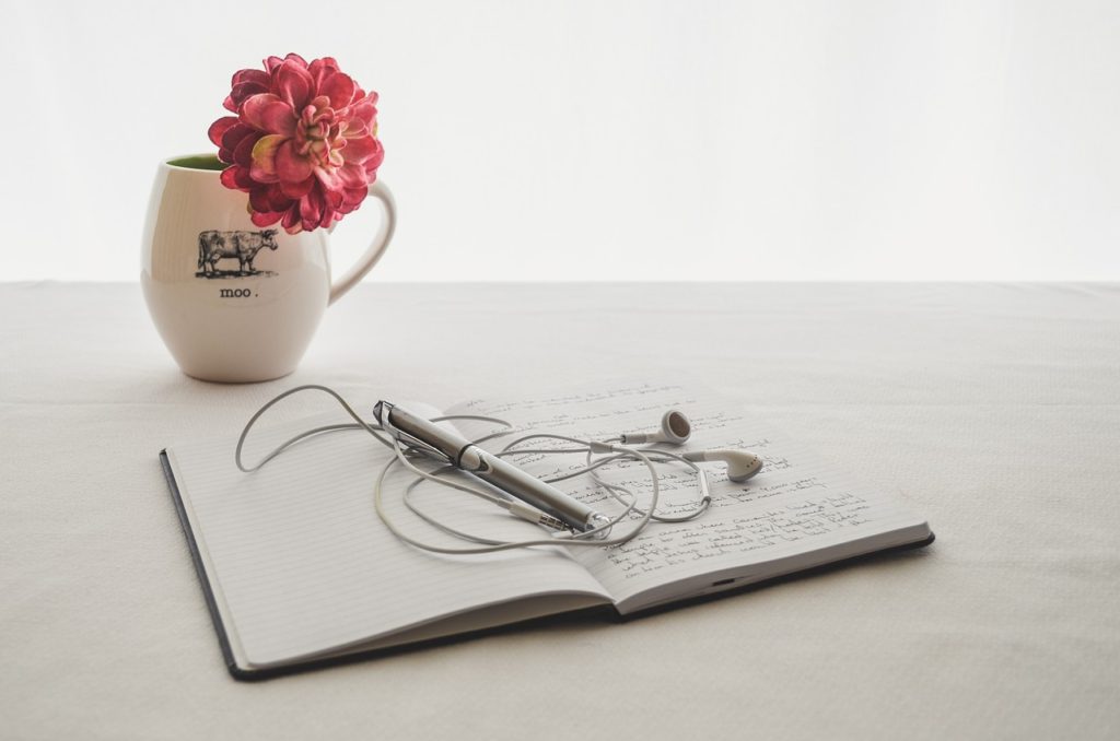 white, earbuds, journal